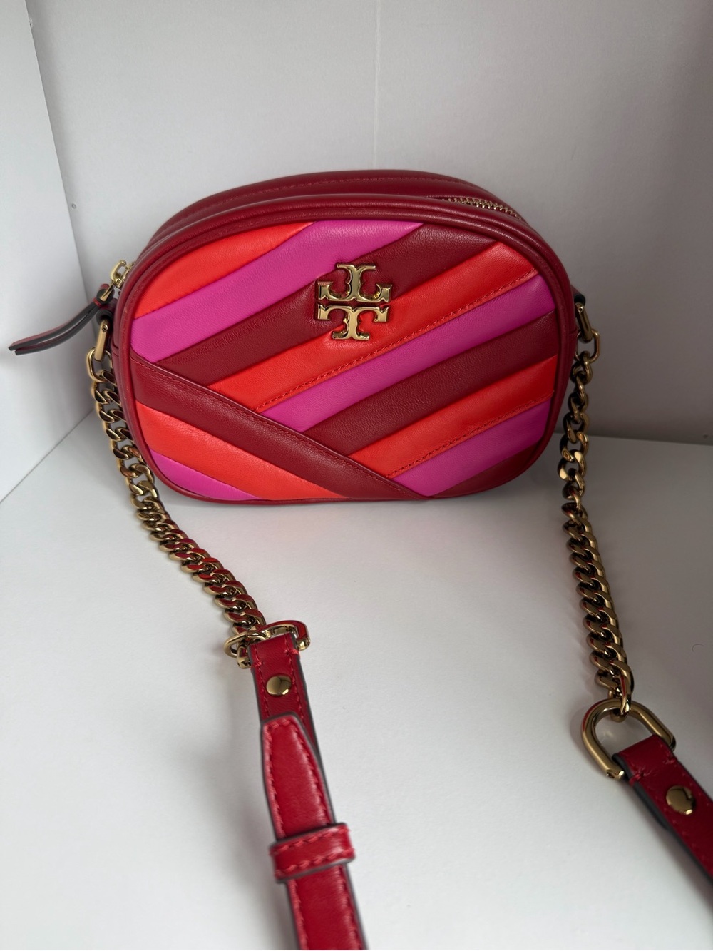 Tory Burch Red & Pink Chevron Quilted Camera Crossbody